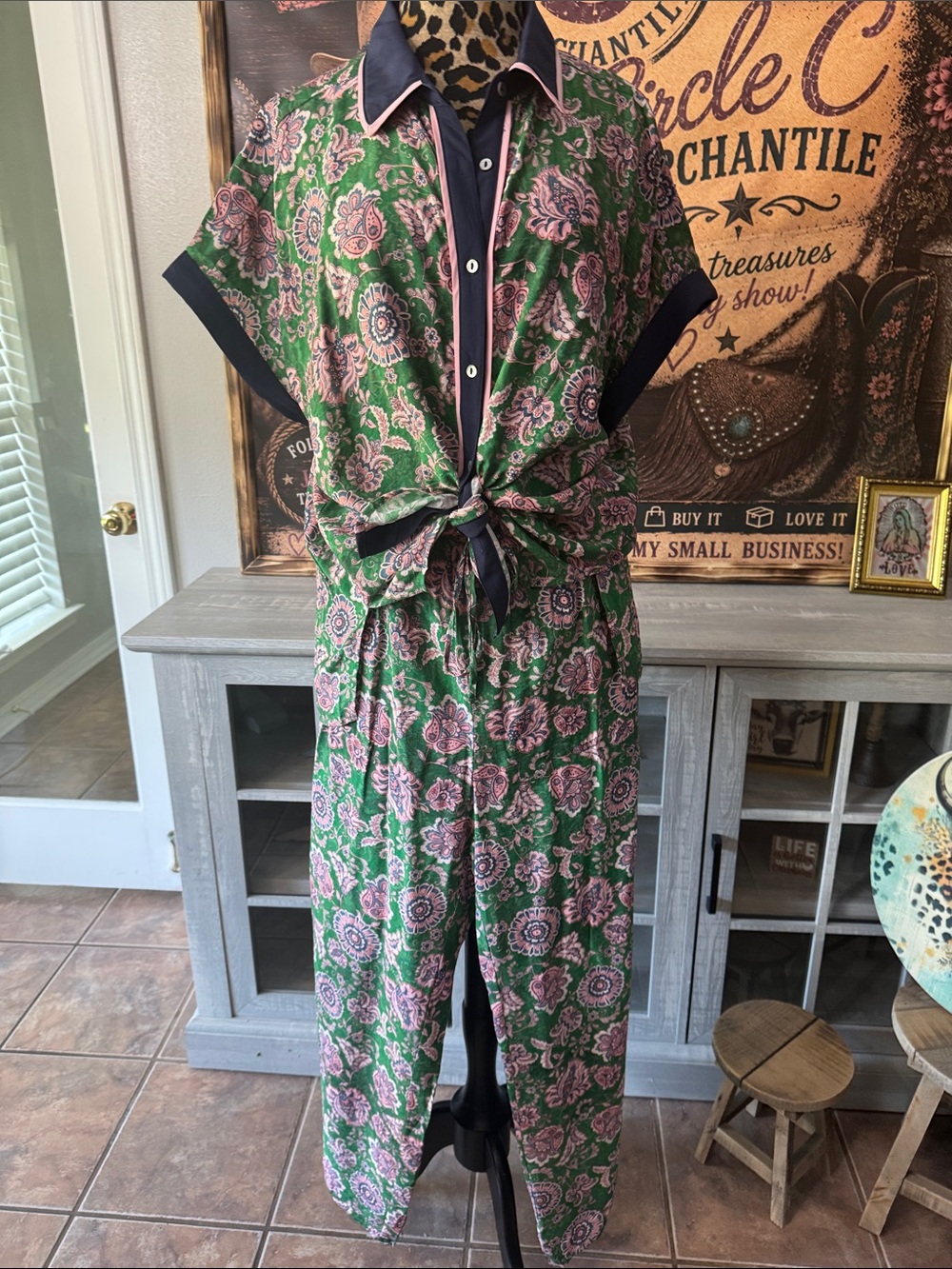 ENTRO 2Pc Women's Set Green/Pink Floral Print Size XL